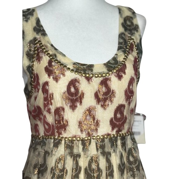 NEW Defects Free People Shimmering Champagne Paisley Mini Dress Sz 4 Green Red - Picture 3 of 13